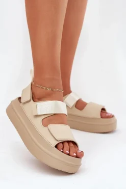 Boto Sandały Płaskie*Sandały Damskie Na Platformie Z Rzepami Beżowe Nitepira Beżowy