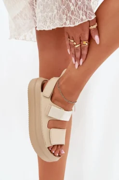 Boto Sandały Płaskie*Sandały Damskie Na Platformie Z Rzepami Beżowe Nitepira Beżowy