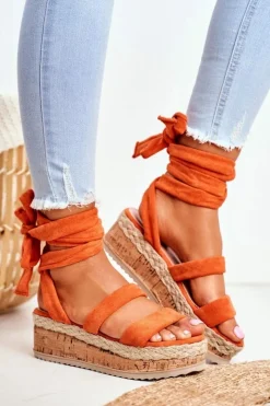 Boto Sandały Damskie Na Platformie Wiązane Pomarańczowe La Favorite