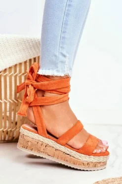 Boto Sandały Damskie Na Platformie Wiązane Pomarańczowe La Favorite