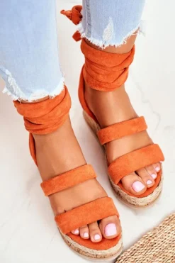 Boto Sandały Damskie Na Platformie Wiązane Pomarańczowe La Favorite