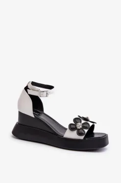 Outlet Boto Sandały Damskie Na Platformie I Koturnie Z Kwiatami Białe Foviana Biały