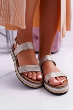 Boto Sandały Płaskie*Sandały Damskie Na Platformie Espadryl Złote Sarabel