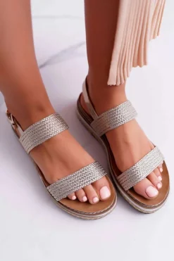 Boto Sandały Płaskie*Sandały Damskie Na Platformie Espadryl Złote Sarabel