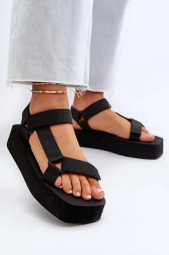 Boto Sandały Płaskie*Sandały Damskie Na Platformie Czarne Edireda