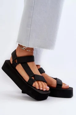 Boto Sandały Płaskie*Sandały Damskie Na Platformie Czarne Edireda