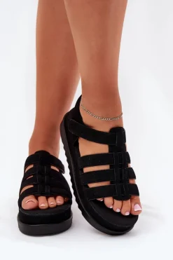 Boto Sandały Płaskie*Sandały Damskie Na Platformie Eko Zamszowe Czarne Filisenia Czarny