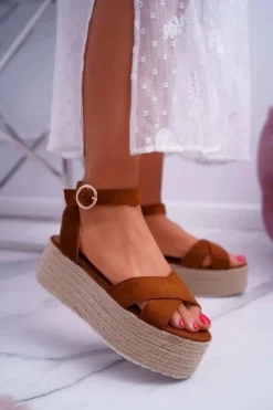 Boto Sandały Płaskie*Sandały Damskie Na Platformie Lniane Camel Dafostre