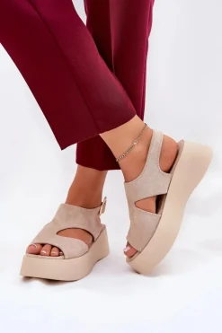 Boto Sandały Płaskie*Sandały Damskie Na Platformie Eko Zamszowe Beżowe Karonia