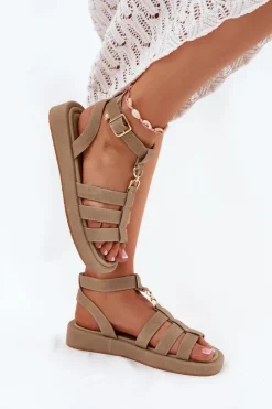 Damskie Boto Sandały Damskie Na Platformie Ze Złotym Detalem Khaki Kartia