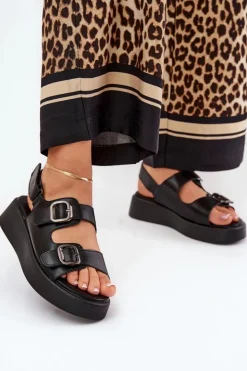 Damskie Boto Sandały Damskie Na Platformie I Koturnie Z Klamrami Czarne Genorre