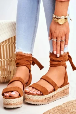 Damskie Boto Sandały Damskie Na Platformie Wiązane Camel La Favorite