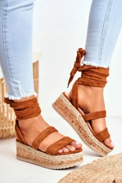 Damskie Boto Sandały Damskie Na Platformie Wiązane Camel La Favorite
