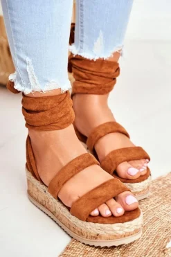 Damskie Boto Sandały Damskie Na Platformie Wiązane Camel La Favorite