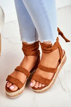 Damskie Boto Sandały Damskie Na Platformie Wiązane Camel La Favorite