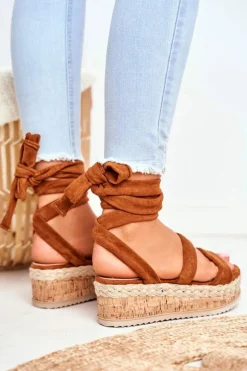 Damskie Boto Sandały Damskie Na Platformie Wiązane Camel La Favorite