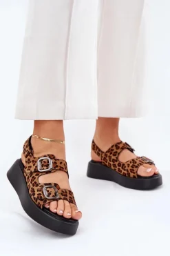 Boto Sandały Na Koturnie|Sandały Płaskie*Sandały Damskie Na Platformie I Koturnie Z Klamrami Panterka Brązowe Genorre Brązowy