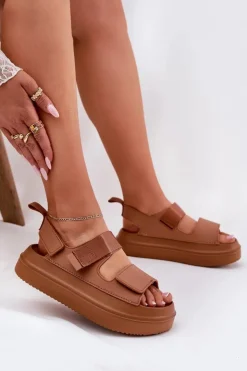Sale Boto Sandały Damskie Na Platformie Z Rzepami Camel Nitepira Brązowy