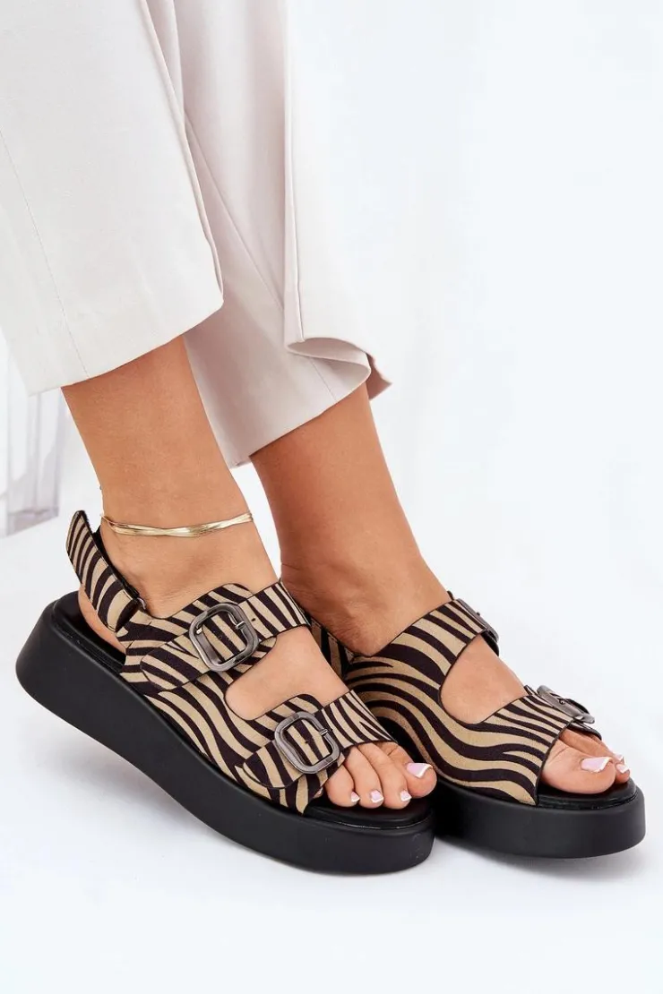 Hot Boto Sandały Damskie Na Platformie I Koturnie Z Klamrami Zebra Beżowo-Czarne Genorre