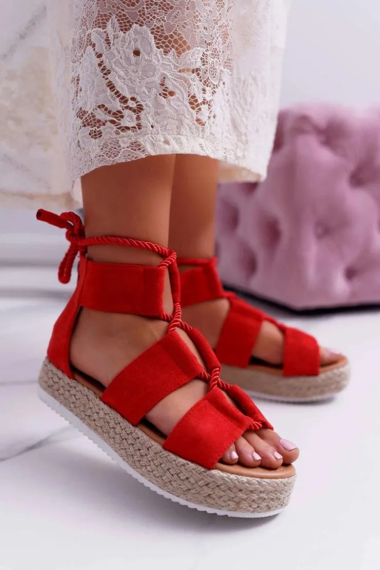 Best Boto Sandały Damskie na Platformie Zamszowe Czerwone Ergola