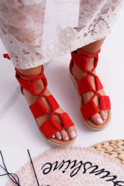 Best Boto Sandały Damskie na Platformie Zamszowe Czerwone Ergola