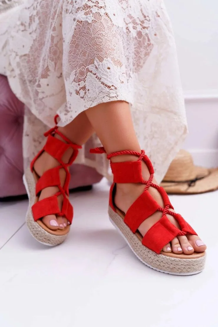 Best Boto Sandały Damskie na Platformie Zamszowe Czerwone Ergola