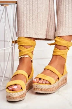 New Boto Sandały Damskie Na Platformie Wiązane Żółte La Favorite