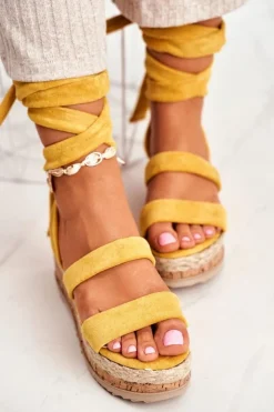 New Boto Sandały Damskie Na Platformie Wiązane Żółte La Favorite
