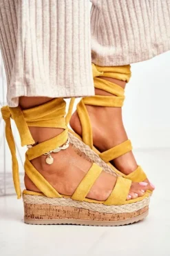 New Boto Sandały Damskie Na Platformie Wiązane Żółte La Favorite