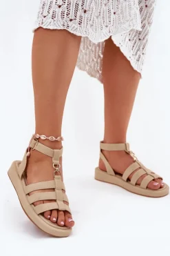 Damskie Boto Sandały Damskie Na Platformie Ze Złotym Detalem Beżowe Kartia