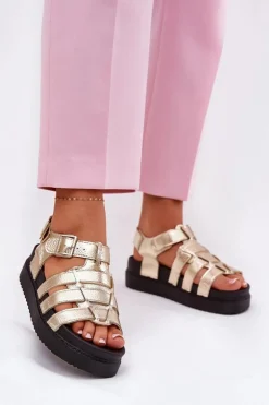 Boto Sandały Płaskie*Sandały Damskie Na Platformie Z Klamrami Złote Atarafas