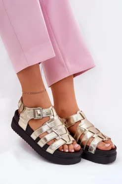 Boto Sandały Płaskie*Sandały Damskie Na Platformie Z Klamrami Złote Atarafas