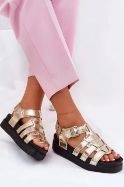 Boto Sandały Płaskie*Sandały Damskie Na Platformie Z Klamrami Złote Atarafas