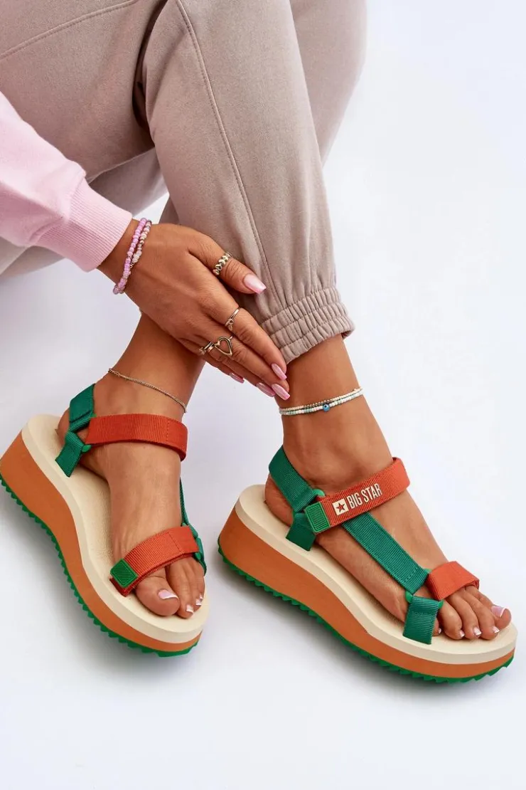 Sale Big Star Shoes Sandały Damskie Na Platformie I Koturnie Big Star NN274A053 Zielono-Pomarańczowe Pomarańczowy