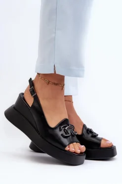 Boto Sandały Na Koturnie*Sandały Damskie Na Platformie I Koturnie Z Ozdobą Czarne Janesca