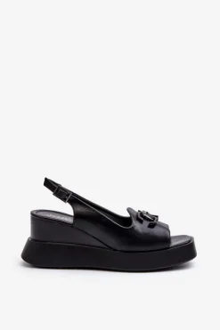 Boto Sandały Na Koturnie*Sandały Damskie Na Platformie I Koturnie Z Ozdobą Czarne Janesca