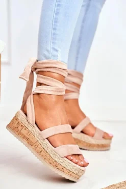 Boto Sandały Na Koturnie*Sandały Damskie Na Platformie Wiązane Beżowe La Favorite