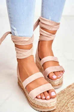 Boto Sandały Na Koturnie*Sandały Damskie Na Platformie Wiązane Beżowe La Favorite