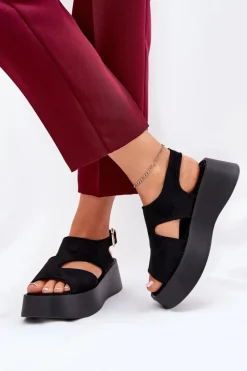 Hot Boto Sandały Damskie Na Platformie Eko Zamszowe Czarne Karonia