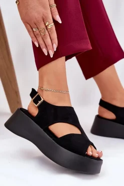Hot Boto Sandały Damskie Na Platformie Eko Zamszowe Czarne Karonia