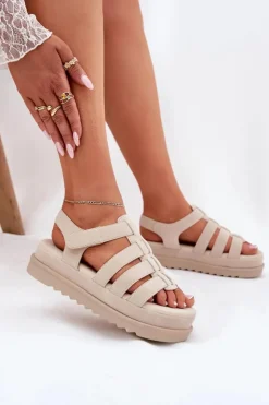 Outlet Boto Sandały Damskie Na Platformie Eko Zamszowe Beżowe Filisenia Beżowy