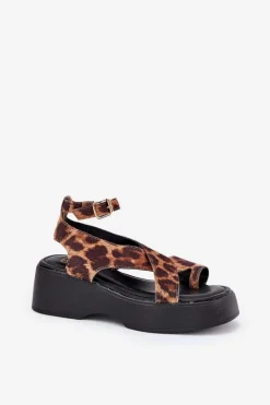Boto Sandały Na Koturnie|Sandały Płaskie*Sandały Damskie Na Platformie I Koturnie W Panterkę Brązowe Tenzorus Brązowy