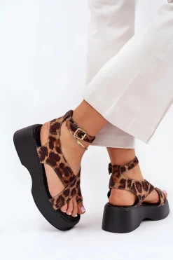Boto Sandały Na Koturnie|Sandały Płaskie*Sandały Damskie Na Platformie I Koturnie W Panterkę Brązowe Tenzorus Brązowy