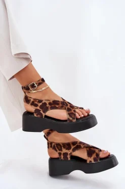 Boto Sandały Na Koturnie|Sandały Płaskie*Sandały Damskie Na Platformie I Koturnie W Panterkę Brązowe Tenzorus Brązowy