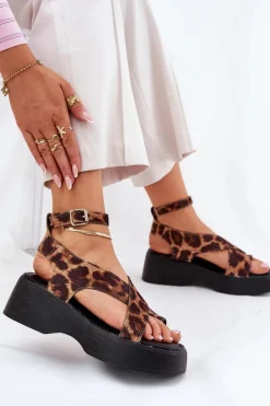 Boto Sandały Na Koturnie|Sandały Płaskie*Sandały Damskie Na Platformie I Koturnie W Panterkę Brązowe Tenzorus Brązowy