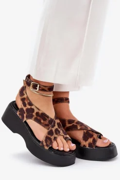 Boto Sandały Na Koturnie|Sandały Płaskie*Sandały Damskie Na Platformie I Koturnie W Panterkę Brązowe Tenzorus Brązowy