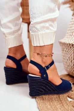 Best Big Star Shoes Sandały Damskie Na Plecionej Koturnie Big Star Granatowe DD274A172