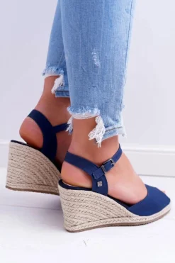 Damskie Big Star Shoes Sandały Damskie Na Plecionej Koturnie Big Star Granatowe DD274A212