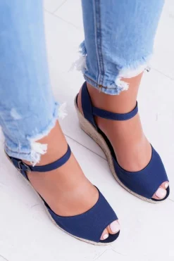 Damskie Big Star Shoes Sandały Damskie Na Plecionej Koturnie Big Star Granatowe DD274A212