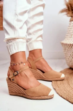 Damskie Big Star Shoes Sandały Damskie Na Plecionej Koturnie Big Star Jasnobrązowe DD274A169